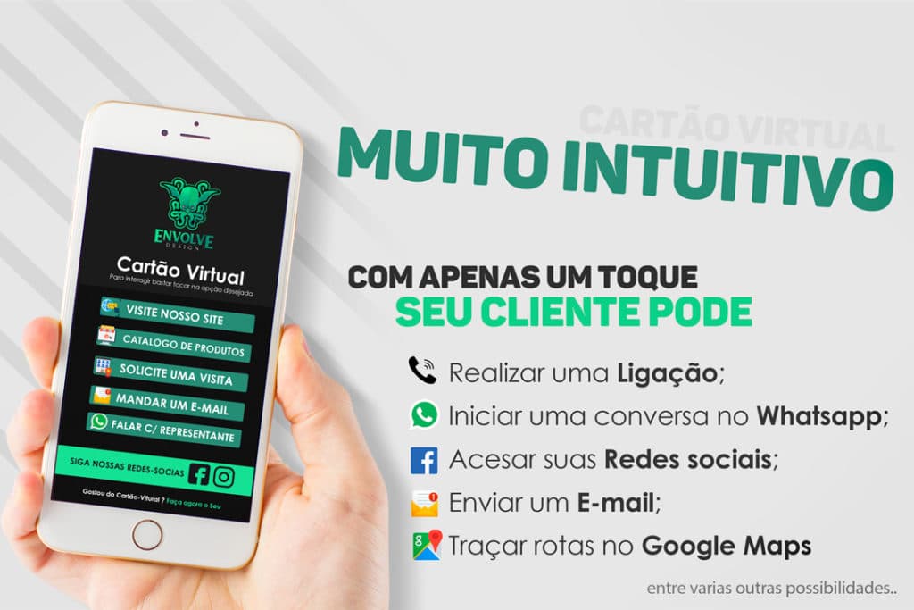 Cartão virtual onde é possível realizar ligação,iniciar conversa no whatsapp,acessar redes sociais, enviar e-mail para empresa e traçar rotas no Google Maps.